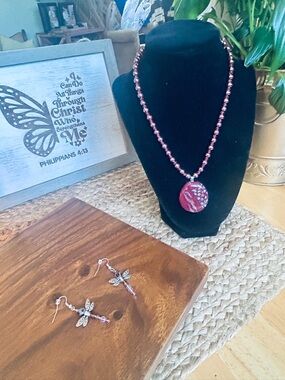 Handmade Rose & Pink Beaded Pendant Necklace with Matching Dragonfly Earrings